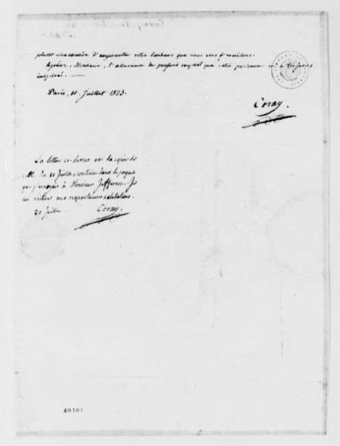 Η τελευταία σελίδα της επιστολής του Αδαμάντιου Κοραή προς τον Τόμας Τζέφερσον με ημερομηνία 10 Ιουλίου 1823. Όλες οι επιστολές τους φυλάσσονται στη Βιβλιοθήκη του Κογκρέσου.