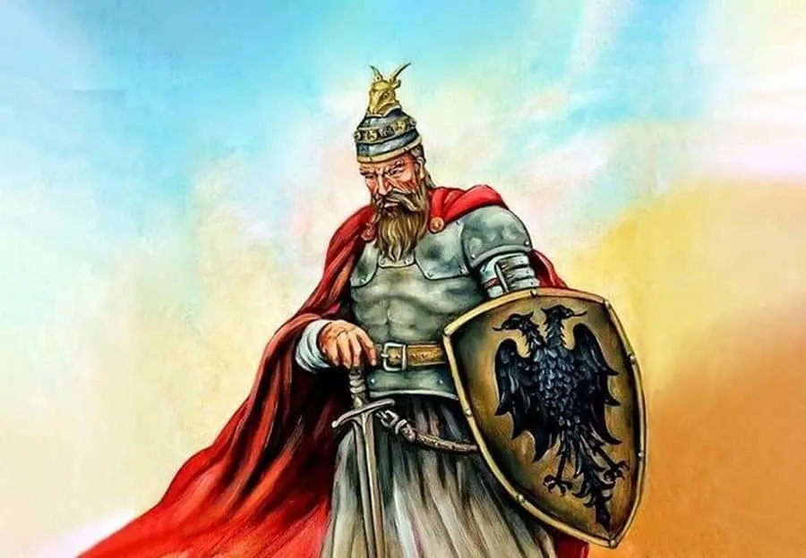 Ο Καστριώτης με την ασπίδα του, που φέρει τον βυζαντινό δικέφαλο αετό ως σύμβολο